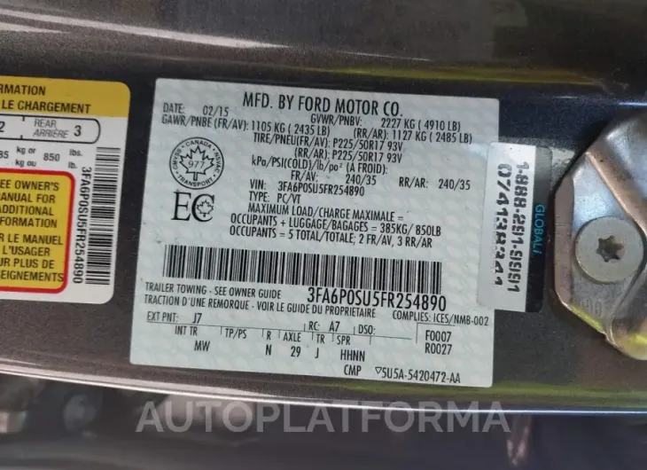 FORD FUSION ENERGI 2015 vin 3FA6P0SU5FR254890 from auto auction Iaai