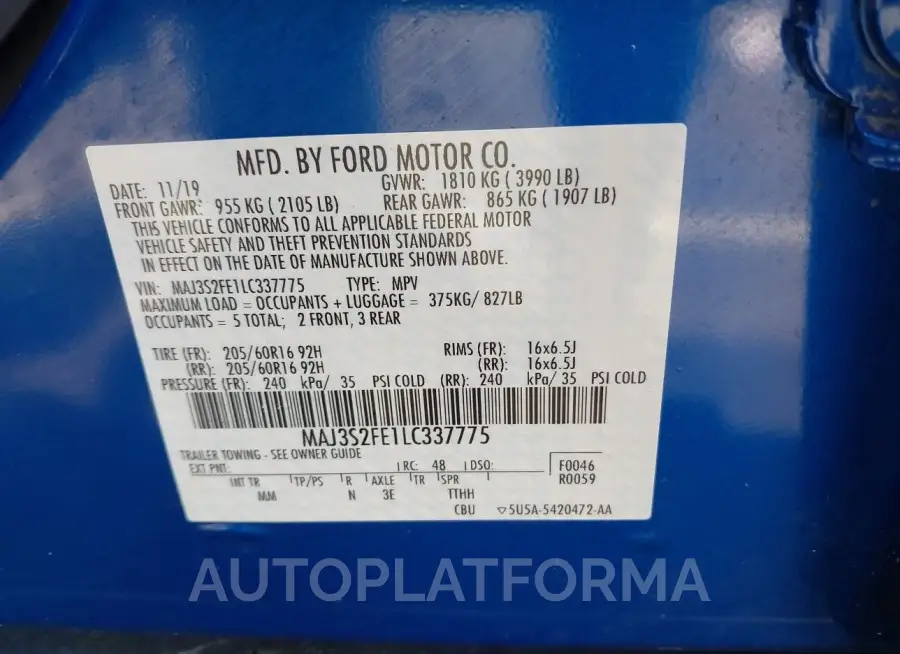 FORD ECOSPORT 2020 vin MAJ3S2FE1LC337775 from auto auction Iaai