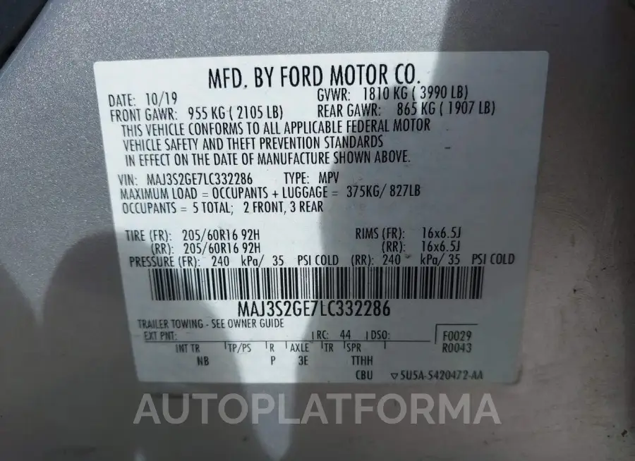 FORD ECOSPORT 2020 vin MAJ3S2GE7LC332286 from auto auction Iaai