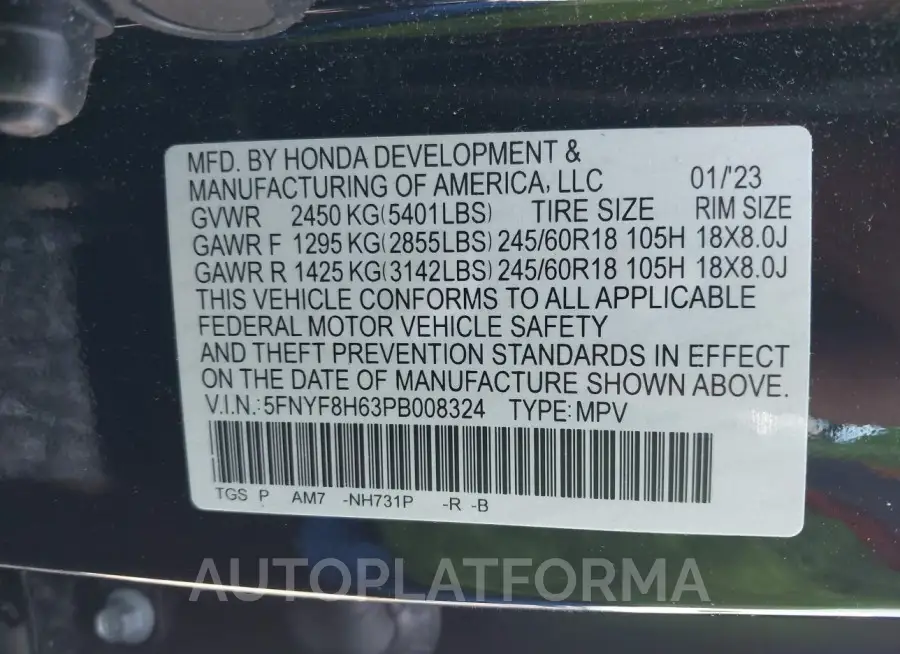 HONDA PASSPORT 2023 vin 5FNYF8H63PB008324 from auto auction Iaai