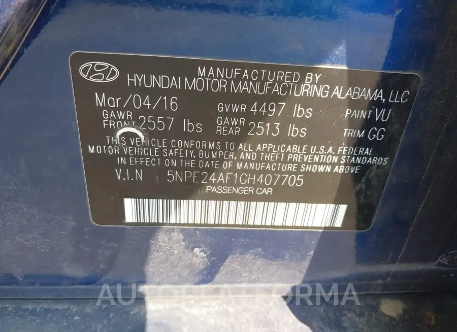 HYUNDAI SONATA 2016 vin 5NPE24AF1GH407705 from auto auction Iaai