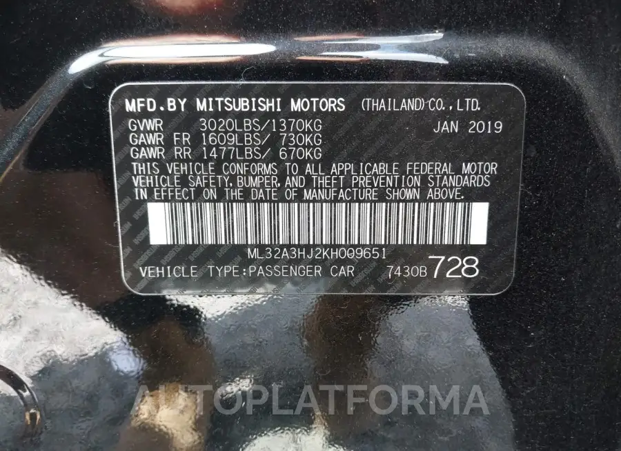 MITSUBISHI MIRAGE 2019 vin ML32A3HJ2KH009651 from auto auction Iaai