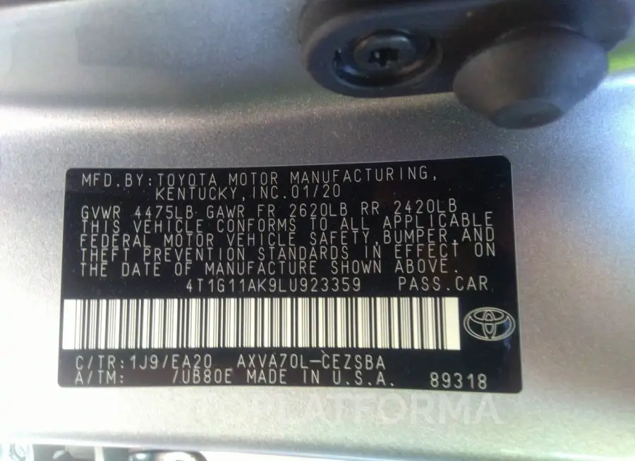 TOYOTA CAMRY 2020 vin 4T1G11AK9LU923359 from auto auction Iaai