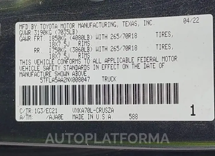 TOYOTA TUNDRA 2022 vin 5TFLA5AA2NX008047 from auto auction Iaai