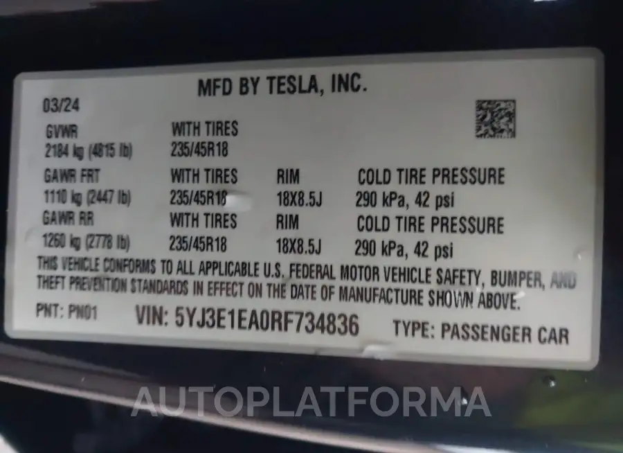 TESLA MODEL 3 2024 vin 5YJ3E1EA0RF734836 from auto auction Iaai