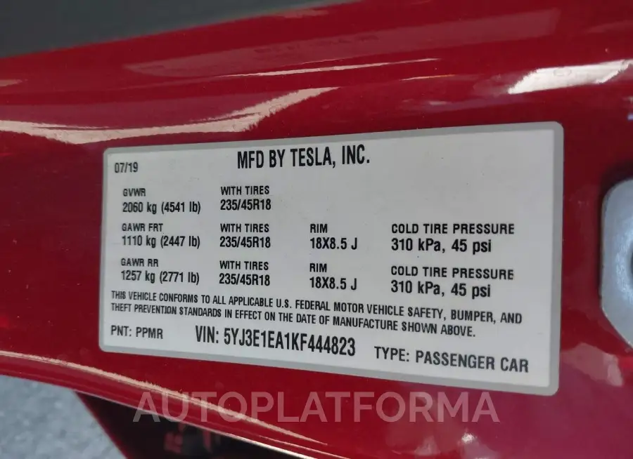 TESLA MODEL 3 2019 vin 5YJ3E1EA1KF444823 from auto auction Iaai