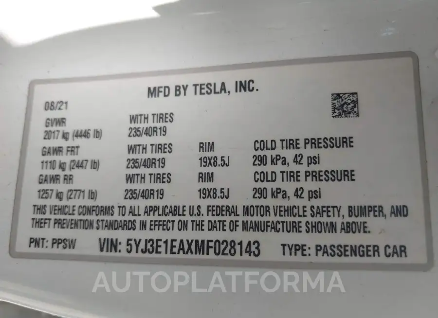 TESLA MODEL 3 2021 vin 5YJ3E1EAXMF028143 from auto auction Iaai