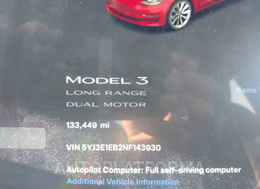 TESLA MODEL 3 2022 vin 5YJ3E1EB2NF143930 from auto auction Iaai