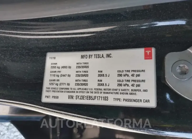 TESLA MODEL 3 2018 vin 5YJ3E1EB5JF171103 from auto auction Iaai