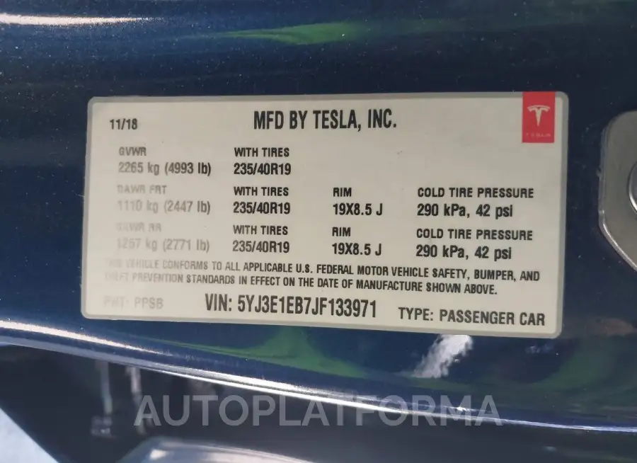 TESLA MODEL 3 2018 vin 5YJ3E1EB7JF133971 from auto auction Iaai