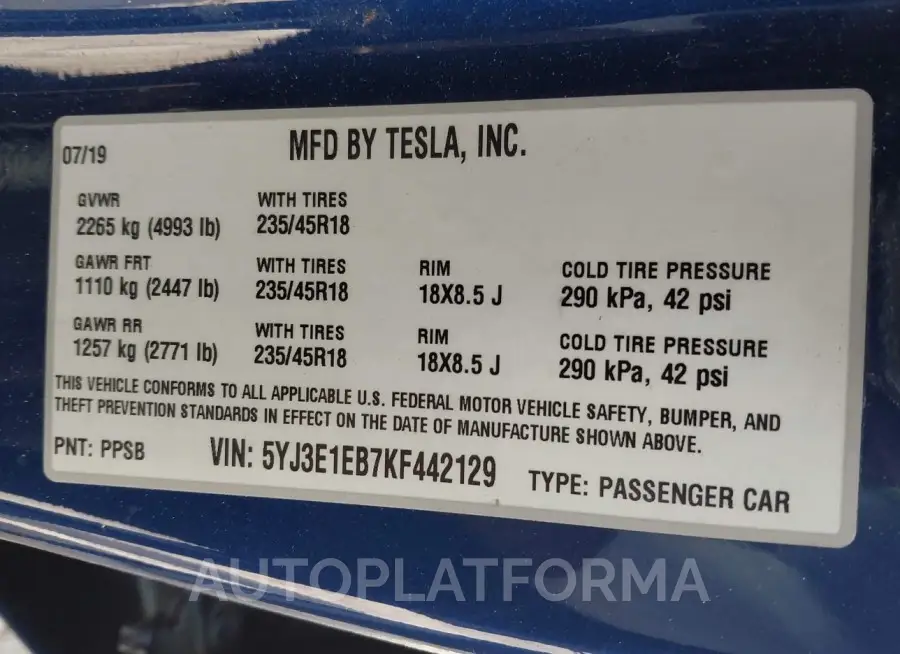 TESLA MODEL 3 2019 vin 5YJ3E1EB7KF442129 from auto auction Iaai