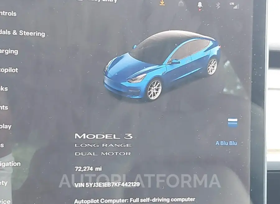 TESLA MODEL 3 2019 vin 5YJ3E1EB7KF442129 from auto auction Iaai