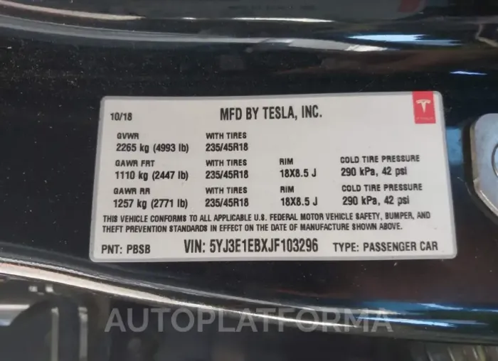 TESLA MODEL 3 2018 vin 5YJ3E1EBXJF103296 from auto auction Iaai