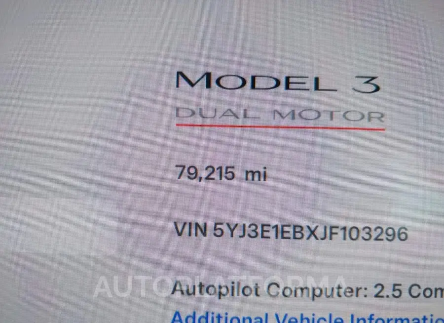 TESLA MODEL 3 2018 vin 5YJ3E1EBXJF103296 from auto auction Iaai