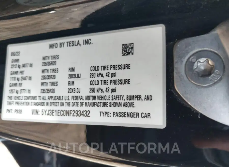 TESLA MODEL 3 2022 vin 5YJ3E1EC0NF293432 from auto auction Iaai