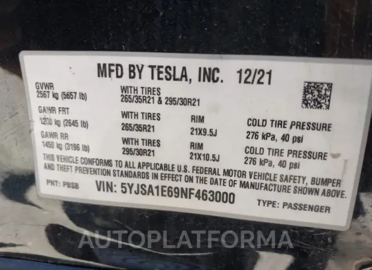 TESLA MODEL S 2022 vin 5YJSA1E69NF463000 from auto auction Iaai