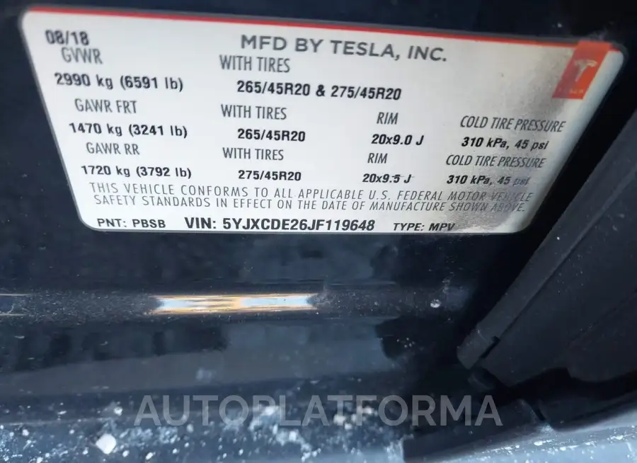 TESLA MODEL X 2018 vin 5YJXCDE26JF119648 from auto auction Iaai