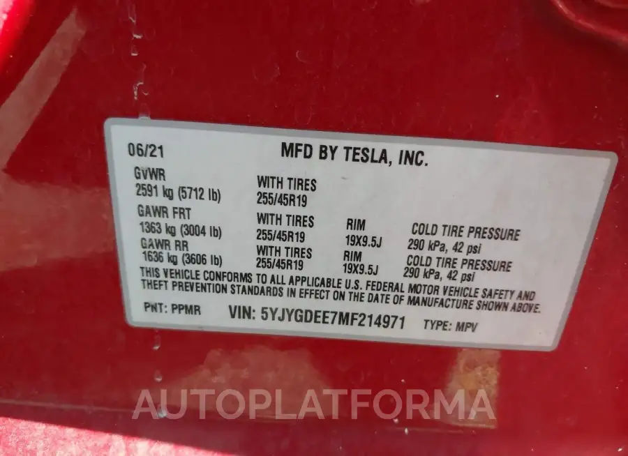 TESLA MODEL Y 2021 vin 5YJYGDEE7MF214971 from auto auction Iaai