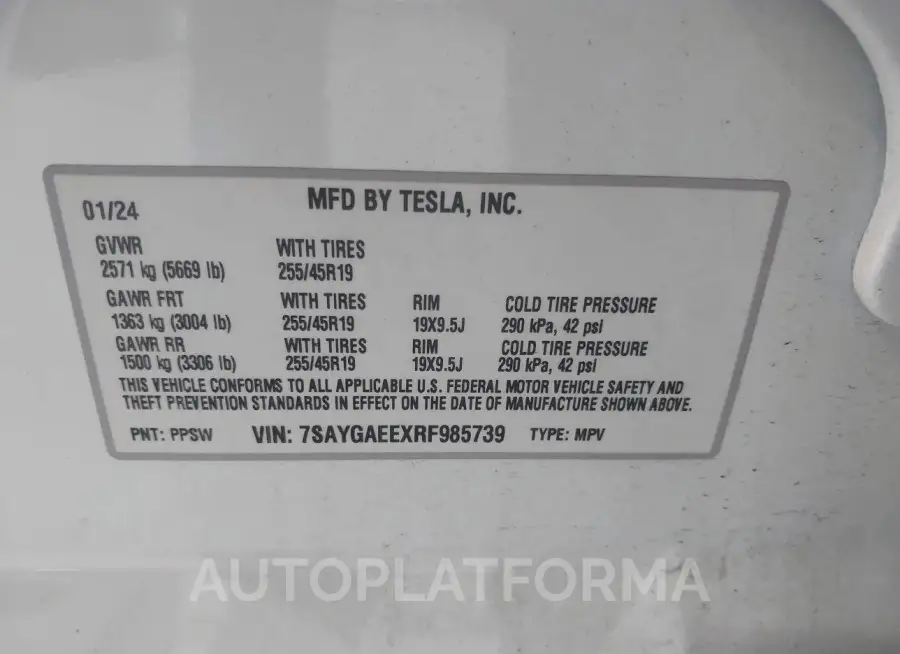 TESLA MODEL Y 2024 vin 7SAYGAEEXRF985739 from auto auction Iaai