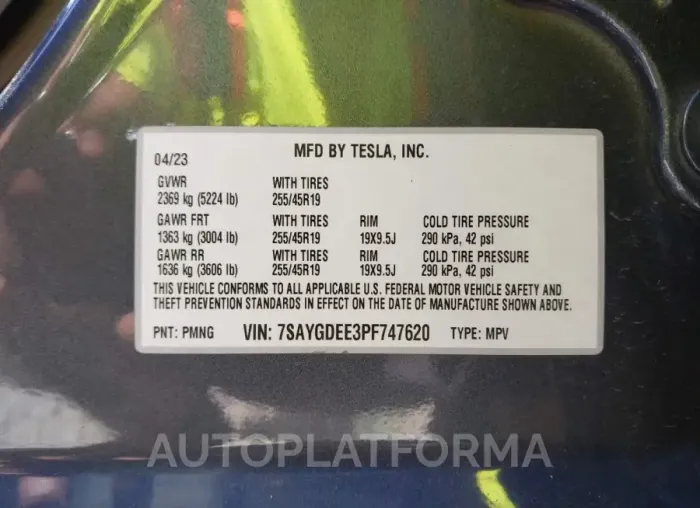 TESLA MODEL Y 2023 vin 7SAYGDEE3PF747620 from auto auction Iaai