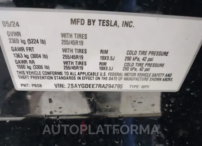 TESLA MODEL Y 2024 vin 7SAYGDEE7RA294795 from auto auction Iaai