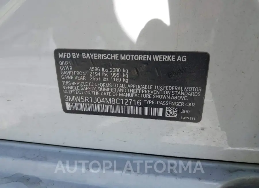 BMW 330I 2021 vin 3MW5R1J04M8C12716 from auto auction Iaai