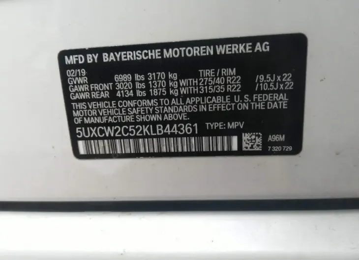 BMW X7 2019 vin 5UXCW2C52KLB44361 from auto auction Iaai