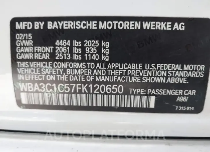 BMW 328I  2015 vin WBA3C1C57FK120650 from auto auction Iaai