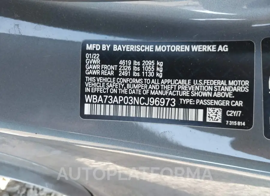 BMW 430I 2022 vin WBA73AP03NCJ96973 from auto auction Iaai