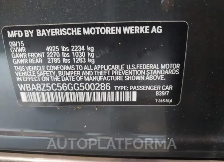 BMW 328I GRAN TURISMO 2016 vin WBA8Z5C56GG500286 from auto auction Iaai