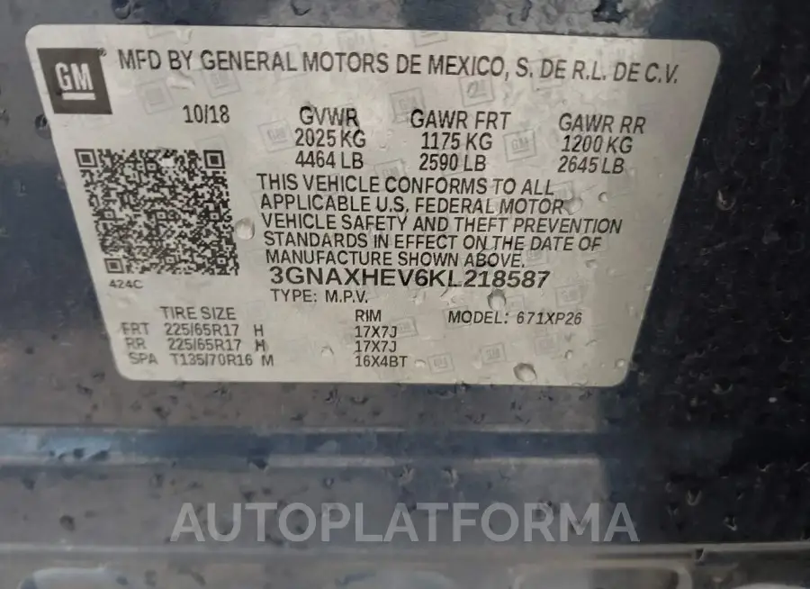 CHEVROLET EQUINOX 2019 vin 3GNAXHEV6KL218587 from auto auction Iaai