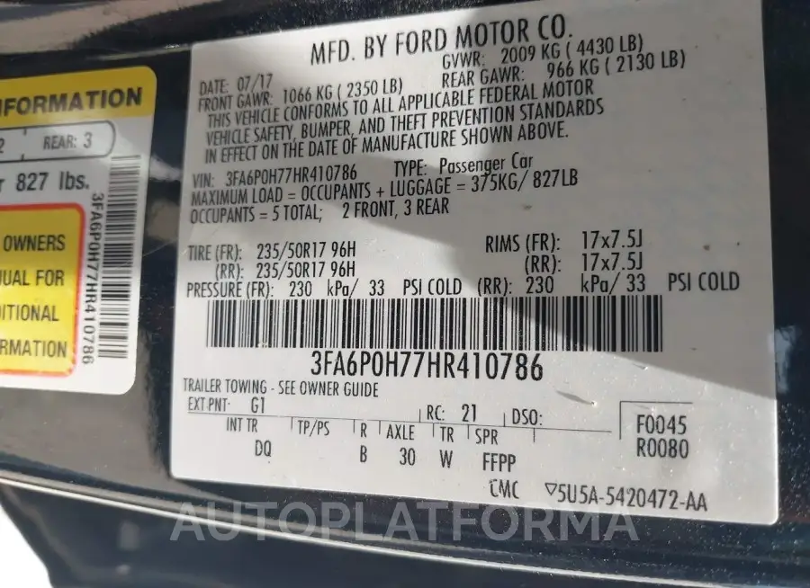 FORD FUSION 2017 vin 3FA6P0H77HR410786 from auto auction Iaai