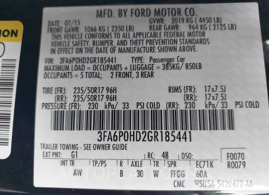 FORD FUSION 2016 vin 3FA6P0HD2GR185441 from auto auction Iaai