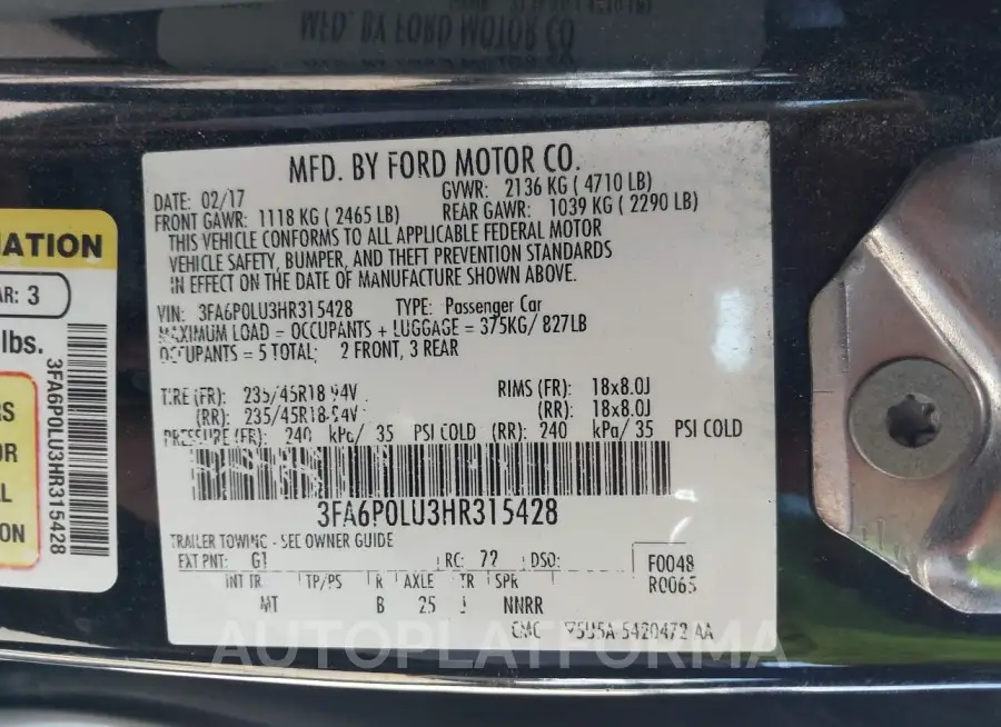 FORD FUSION HYBRID 2017 vin 3FA6P0LU3HR315428 from auto auction Iaai