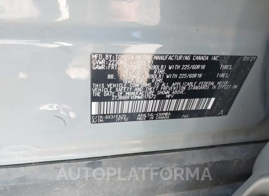 TOYOTA RAV4 HYBRID 2021 vin 2T3B6RFV0MW017672 from auto auction Iaai