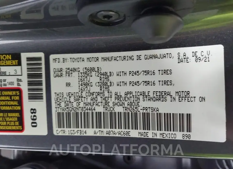 TOYOTA TACOMA 2022 vin 3TYAX5GN2NT034464 from auto auction Iaai