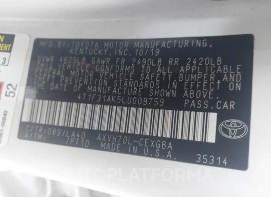 TOYOTA CAMRY 2020 vin 4T1F31AK5LU009759 from auto auction Iaai