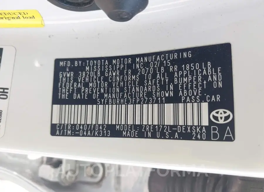 TOYOTA COROLLA 2015 vin 5YFBURHE3FP273711 from auto auction Iaai