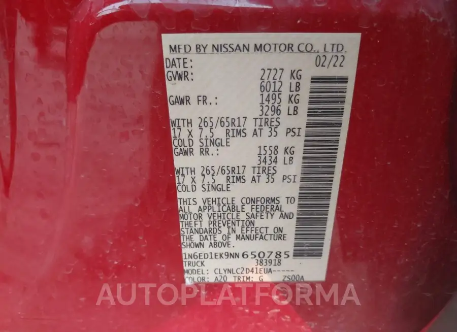 NISSAN FRONTIER 2022 vin 1N6ED1EK9NN650785 from auto auction Iaai