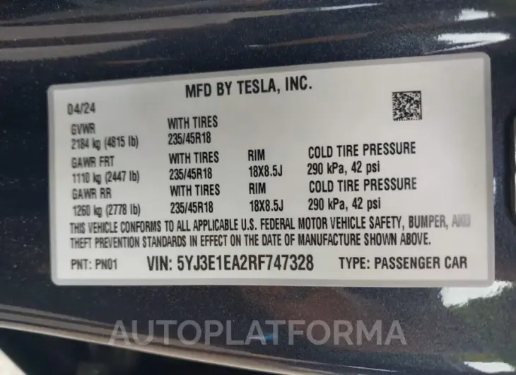 TESLA MODEL 3 2024 vin 5YJ3E1EA2RF747328 from auto auction Iaai