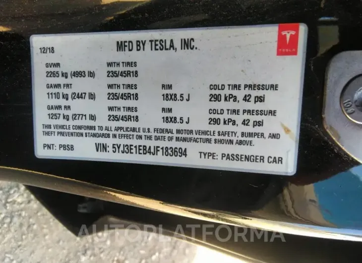 TESLA MODEL 3 2018 vin 5YJ3E1EB4JF183694 from auto auction Iaai