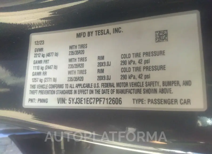 TESLA MODEL 3 2023 vin 5YJ3E1EC7PF712606 from auto auction Iaai