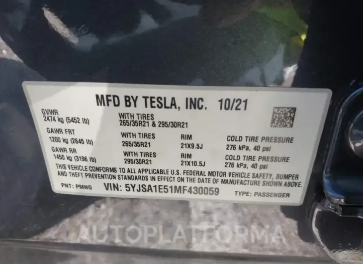 TESLA MODEL S 2021 vin 5YJSA1E51MF430059 from auto auction Iaai