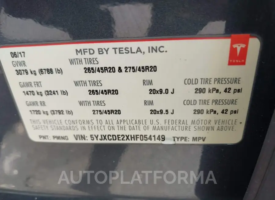 TESLA MODEL X 2017 vin 5YJXCDE2XHF054149 from auto auction Iaai