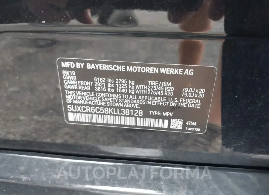 BMW X5 2019 vin 5UXCR6C58KLL38128 from auto auction Iaai