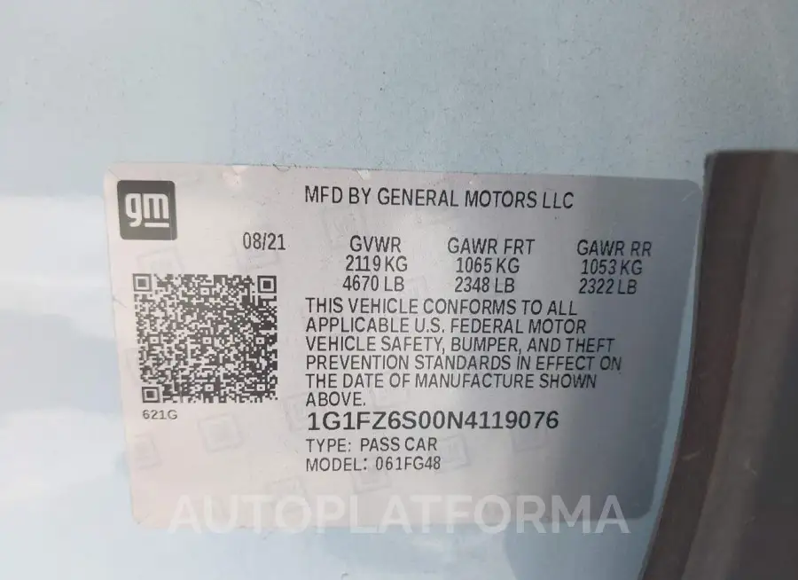 CHEVROLET BOLT EUV 2022 vin 1G1FZ6S00N4119076 from auto auction Iaai