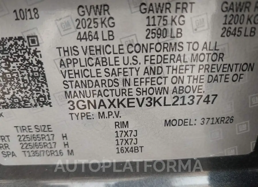 CHEVROLET EQUINOX 2019 vin 3GNAXKEV3KL213747 from auto auction Iaai