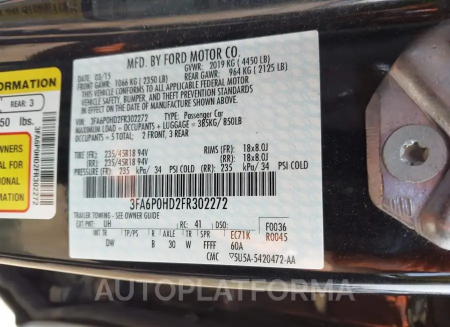 FORD FUSION 2015 vin 3FA6P0HD2FR302272 from auto auction Iaai