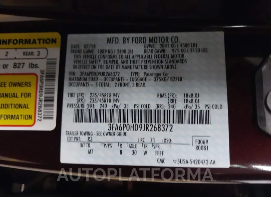 FORD FUSION 2018 vin 3FA6P0HD9JR268372 from auto auction Iaai