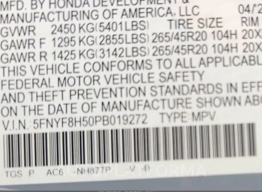 HONDA PASSPORT 2023 vin 5FNYF8H50PB019272 from auto auction Iaai